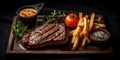 big steak and french fries professional photo of cooked food studio light instagram sharp detailed image