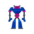 Big steel pink-blue transformer standing. Artificial intelligence. Metal humanoid robot. Flat vector icon