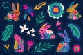Big sticker set with adorable bunnies and floral elements in flat style. Bright collection of nature elements in vector