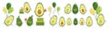 Big sticker set of vector cute smiling avocado heroes isolated on white background. Collection of fruit characters with Royalty Free Stock Photo