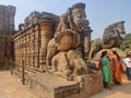 Big stone idol of mystical creatures and animals sacred in Hinduism and Buddhism carved neat the holy sun temple city of Konark.