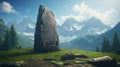 Big stone monolith on a hill among the mountains. Rune magic ritual stone in the mountains. Fabulous landscape of mountains