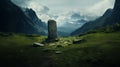 Big stone monolith on a hill among the mountains. Rune magic ritual stone in the mountains. Fabulous landscape of mountains