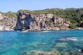 Big stone mountains and rocks coastline as islands in sea or ocean against clear sky landscape. Summer trip. Beautiful Greece. Royalty Free Stock Photo