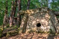 Big stone Pshada dolmen in summer Caucasus mountain forest on sunny day. Ancient megalithic tomb with large flat stone slabs and Royalty Free Stock Photo