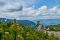 A big stone scaur, green hills and creeping pines in Carpathian mountains in the summer. Mountains landscape background