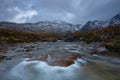 Big stone with turquoise water and snowy mountain nature and freedom concept - Fairy Pools - Skye Island - Scotland - Uk Royalty Free Stock Photo