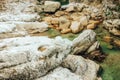 Big stones near waterfall closeup in Martvili canyon, Georgia Royalty Free Stock Photo