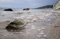 Big stones on the sea shore. Wet sand, transparent water. Overcast cloudy sky. Royalty Free Stock Photo