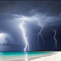 Big storm hits the sea. Lightning strikes the sea. Royalty Free Stock Photo