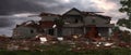 Big storm producing tornado causing destruction, destroyed houses dark sky with storm clouds and Royalty Free Stock Photo