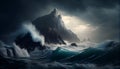Big storm at sea. Waves crash against the rock. Fantastic sea view.