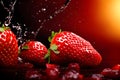 Big strawberry falling into water on red background