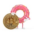 Big Strawberry Pink Glazed Donut Character Mascot with Digital and Cryptocurrency Golden Bitcoin Coin. 3d Rendering