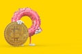 Big Strawberry Pink Glazed Donut Character Mascot with Digital and Cryptocurrency Golden Bitcoin Coin. 3d Rendering