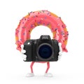 Big Strawberry Pink Glazed Donut Character Mascot with Modern Digital Photo Camera. 3d Rendering