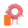 Big Strawberry Pink Glazed Donut Character Mascot with Orange Travel Suitcase. 3d Rendering