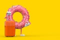 Big Strawberry Pink Glazed Donut Character Mascot with Orange Travel Suitcase. 3d Rendering