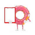 Big Strawberry Pink Glazed Donut Character Mascot with Red Plastic Clipboard, Paper and Pencil. 3d Rendering