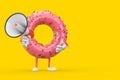 Big Strawberry Pink Glazed Donut Character Mascot with Red Retro Megaphone. 3d Rendering