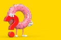 Big Strawberry Pink Glazed Donut Person Character Mascot with Red Question Mark Sign. 3d Rendering Royalty Free Stock Photo