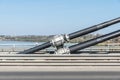 Big and strong steel security cable connections holding the concrete bridge construction and amortize vibrations and support wind Royalty Free Stock Photo