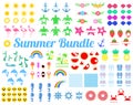 Big summer bundle with design elements. Turtle, Sun, seahorse, mermaid tail, rainbow, flamingo, watermelon, pineapple, dolphin, an