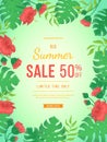 Big summer sale banner. Flowers and buds of hibiscus, leaves monstera and palm. Tropical exotic template poster design for print Royalty Free Stock Photo