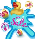 Big summer sale banner with rubber toys in a sweaming pool. Royalty Free Stock Photo