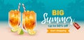 Big summer sale. Horizontal banner. Mangonada, mexican mango smoothie. Iced sorbet cocktail, sunset, palm dunes. Vector Royalty Free Stock Photo