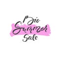 Big summer sale lettering on pink stain. Vector hand drawn illustration for greeting cards, posters and flyers. Royalty Free Stock Photo