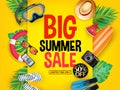 Big Summer Sale Poster Up to 50% Off for Limited Time Only on Gradient Background with Mask, Snorkel, Fins, Hat, Watermelon, Palm