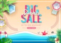 Big summer sale top view poster with beach landscape and sea waves. Cut out paper style design Royalty Free Stock Photo