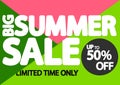 Big Summer Sale, up to 50% off, discount poster design template, store offer banner. Season shopping, promotion banner. Royalty Free Stock Photo