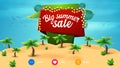 Big summer sale, web banner in cartoon style with red and green plate with garland, tropical trees and shrubs in desert