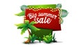 Big summer sale, white discount web banner in cartoon style with red and green plate with garland and tropical trees and shrubs