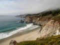 Big Sur California coast, bridge, beach, rocks, clouds, and surfing waves Royalty Free Stock Photo