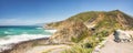 Big Sur, Monterey County, California. Panoramic view Pacific Ocean, cliffs, and native plants Royalty Free Stock Photo