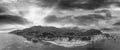 Big Sur panoramic aerial skyline at sunset, black and white view Royalty Free Stock Photo