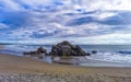 Big surfer waves snd rocks at beach Puerto Escondido Mexico Royalty Free Stock Photo