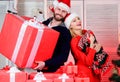 Big surprise for her. Man and woman with gift boxes. Seasonal sale. Guy with big gift box. Spread happiness. Family Royalty Free Stock Photo