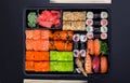 Big sushi set in black plastic box Royalty Free Stock Photo