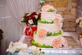 Big sweet multilevel wedding cake decorated with flowers. Concept of candy bar on party Royalty Free Stock Photo