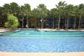 A big swimming pool with clear water and view to a hotel in the Nong Nooch tropical botanic garden near Pattaya city in Thailand Royalty Free Stock Photo