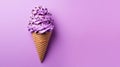 Big tasty berry ice cream in a waffle cone, isolated on a purple banner, copy space