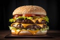 Big tasty cheeseburger with beef, cheese and vegetables on wooden board over black background