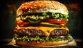 Big tasty cheeseburger with beef patty and fresh vegetables on dark background