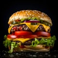 Big tasty cheeseburger with beef patty, lettuce, tomato and cheese on black background