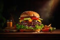 Big tasty cheeseburger with beef patty and vegetables on wooden table.