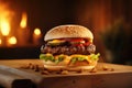 Big tasty cheeseburger with beef patty and vegetables on wooden table.